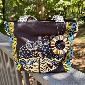 Laurel Burch Tote Bag Black Blue Spotted Cats Double Handles 8" H x 10" x W x 3"